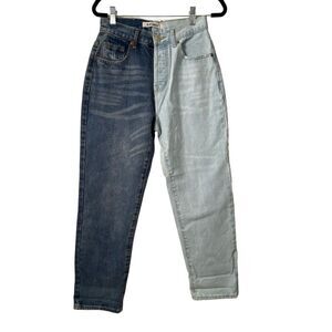Blue Savvy Two Tone Split Leg High Waisted Jeans Blue Light Wash Colorblock